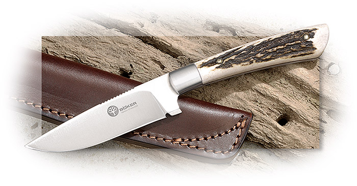 BOKER - ARBOLITO NICKER BIRD AND TROUT - 3-3/4 INCH T6MOV STAINLESS BLADE - STAG HANDLE W/RED FIBER 