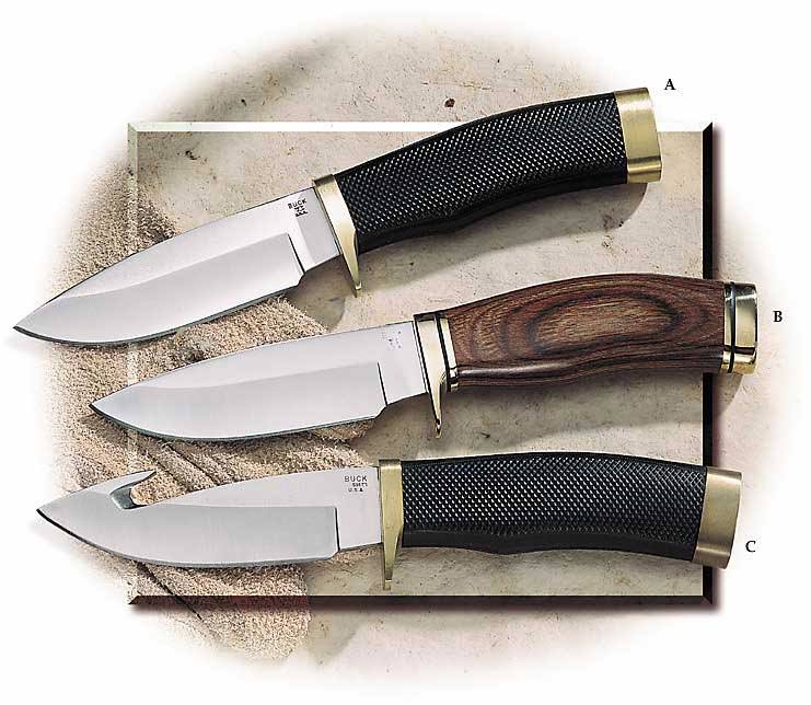 Three Buck Vanguard fixed blade hunters w/ either Wood or Rubberized Handle. Drop point, gut hook. 