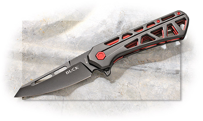 BUCK - TRACE OPS - FOLDER - BLACK ANODIZED ALUMINUM WITH RED ACCENTS - BLACK COATED 7CR17