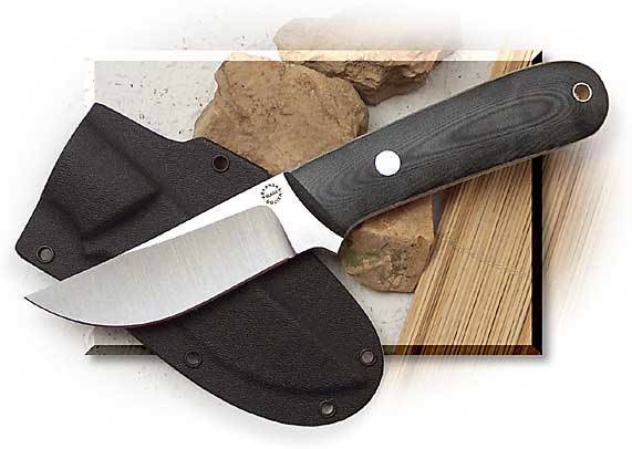 Dozier White River Skinner with D2 non-stainless steel with a horizontal kydex belt sheath