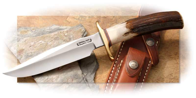 Randall® Model 1 Fighter with O-1 high carbon steel, Stag Handle, brown leather sheath, pocket ston