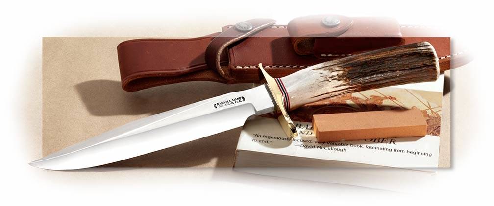 Randall Model 1 with O-1 non-stainless steel, Stag Handle, brown leather sheath, pocket stone