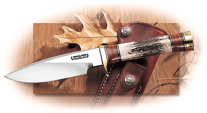 Randall® Model 25 Trapper with Leather and Stag Handle and brown leather sheath and pocket stone