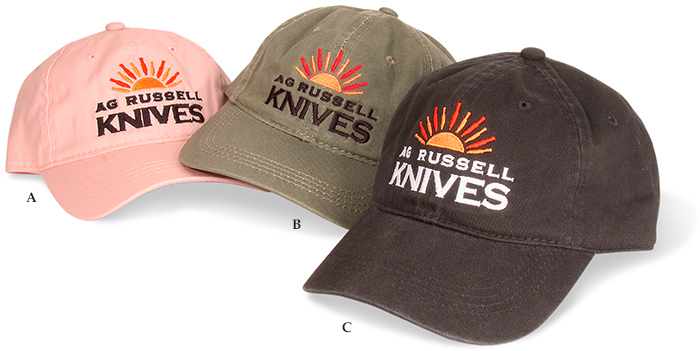 A.G. Russell Sunrise Logo Baseball Cap in black, olive green, or Pink Cotton. One size fits most